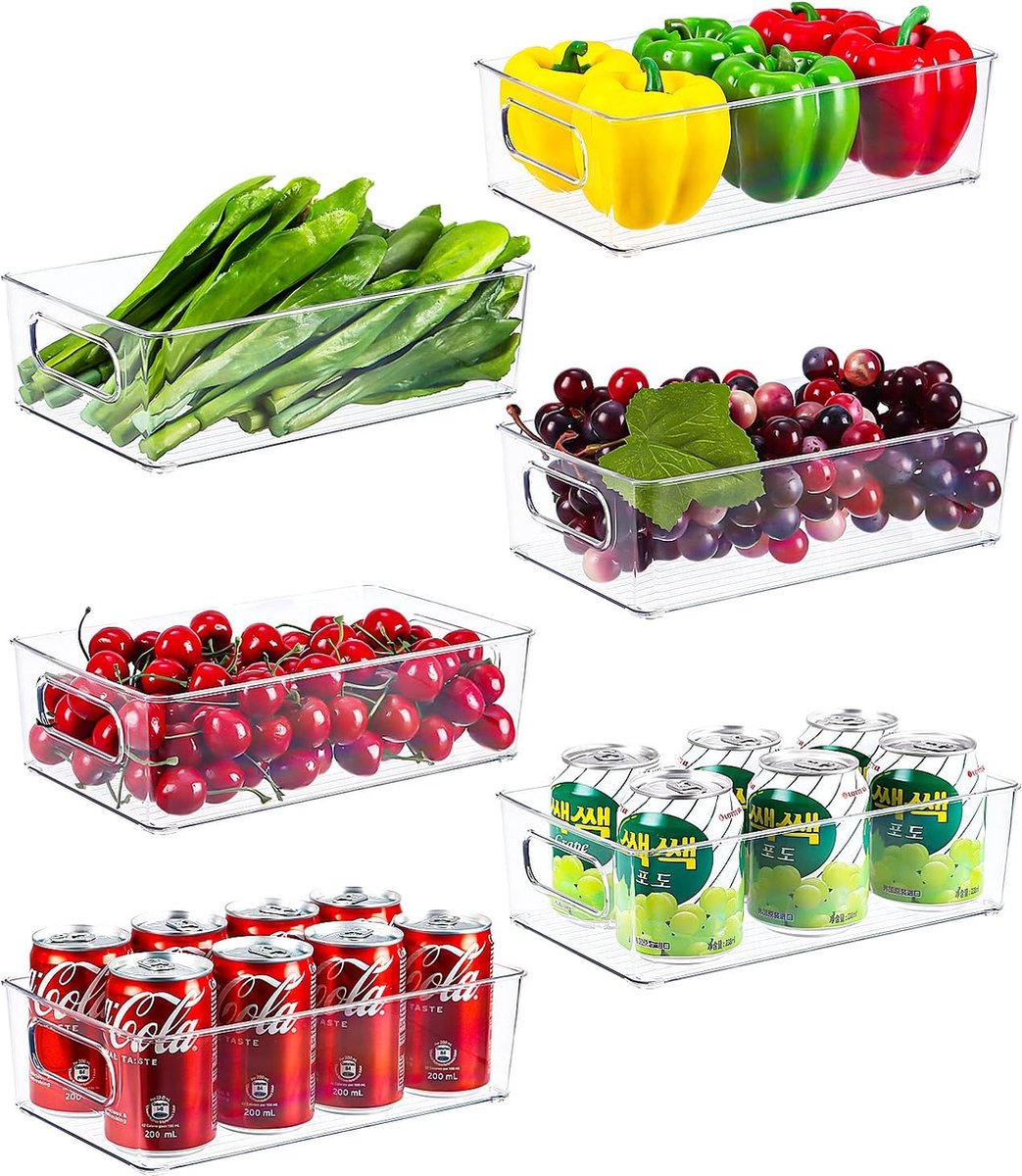 Koelkast-organizer, set van 6 (3 maten), voor keuken, eetkamer, planken, lade, kasten, badkamer, BPA-vrij