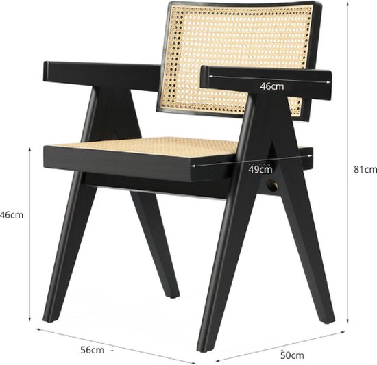 Luvlea eetkamerstoel - Eetkamerstoel met armleuning - Japandi stijl stoel - Woonkamer stoel - Woonkamer stoel met armleuning - Massief hout - Rotan - Zwart - 50X56X81CM