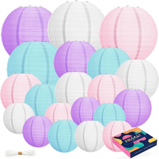 Fissaly 20 Stuks Lampionnen Set Versiering Paars, Lichtblauw, Roze & Wit – Feest Decoratie – Verjaardag - Zeemeermin Thema - Papier