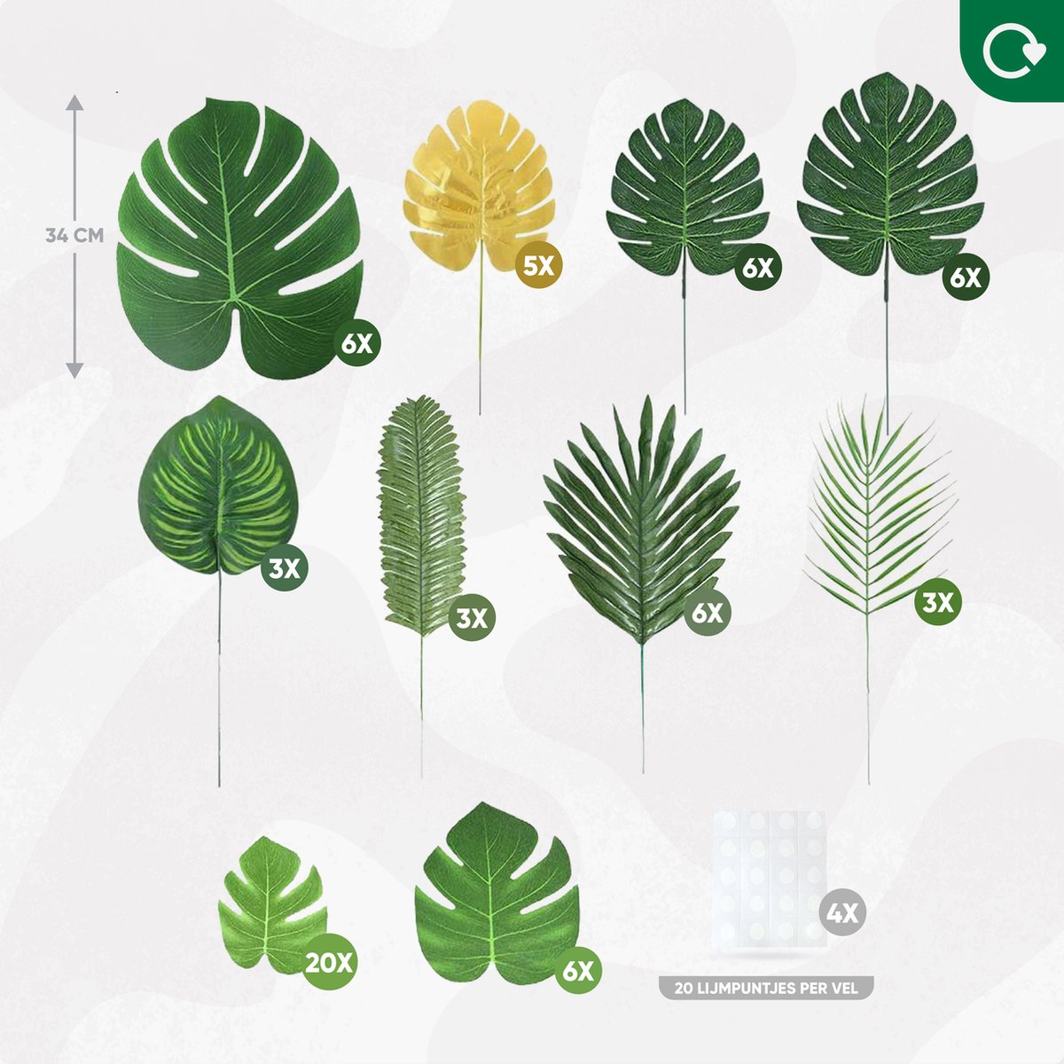 78 stuks van 8 soorten nepbladeren, tropische palmbladeren, monstera bladeren, kunstmatige