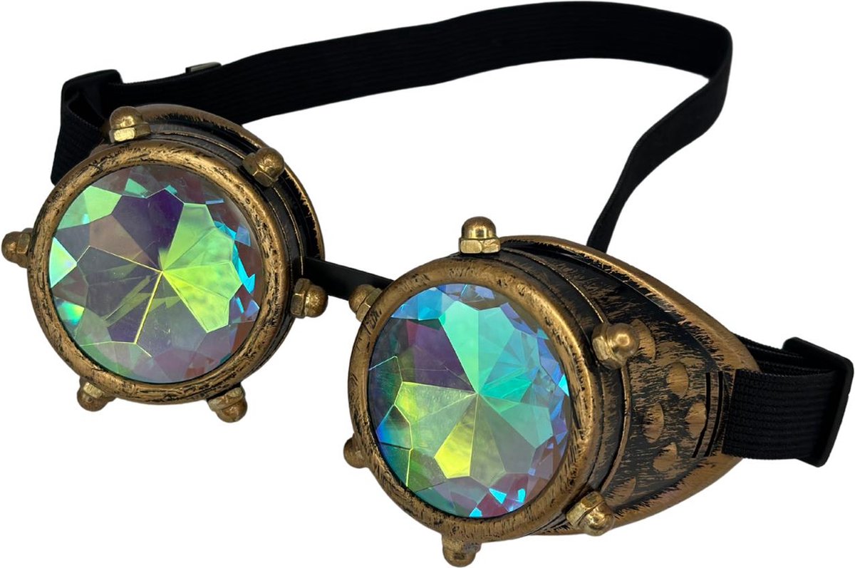 Goggles steampunk bril koperkleurig - met handig opbergzakje - Steampunk bril met boutjes - festival bril - Space bril met caleidoscoop glazen