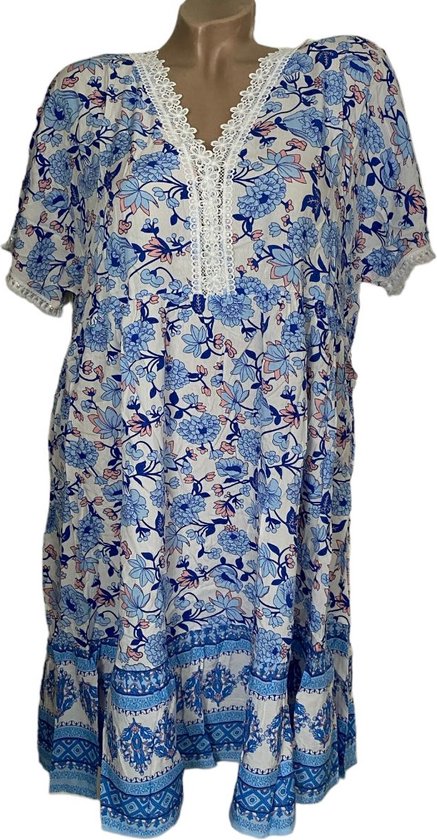 Dames katoenen jurk / tuniekjurk 6685 bloemenprint M/L blauw