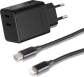 USB C Adapter - Snellader Geschikt voor iPhone en iPad - Nylon Gevlochten - 3 Meter - Oplaadkabel - GaN Oplader - USB C + USB C - 35W Vermogen - Incl. Lightning Kabel - Stekkerblok - Zwart