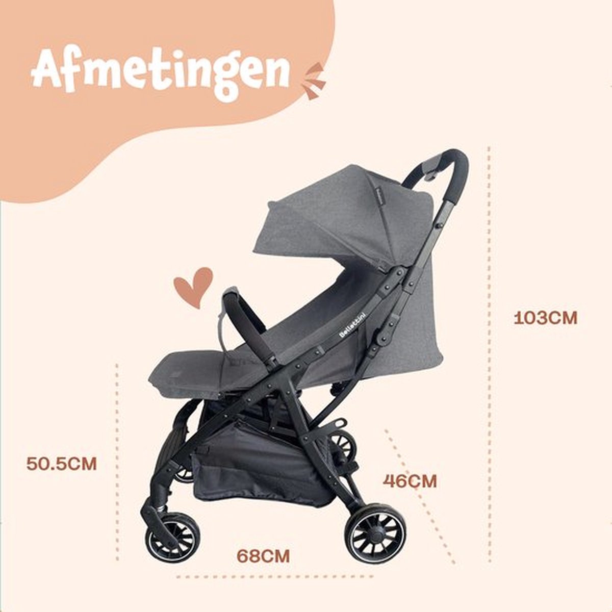 Bellettini® Calesse Buggy met Reistas, Regenhoes en Bekerhouder - Kinderwagen - Plooibuggy - Lichtgewicht & Compact - Grijs – foto 4