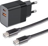 Adaptateur USB C - Chargeur rapide adapté pour téléphone et tablette Samsung - Câble USB C vers USB C - Nylon tressé - 3 mètres - Câble de charge - Chargeur GaN - USB A + USB C - Alimentation 35 W - Incl. Câble USB C - Bloc de prise - Zwart