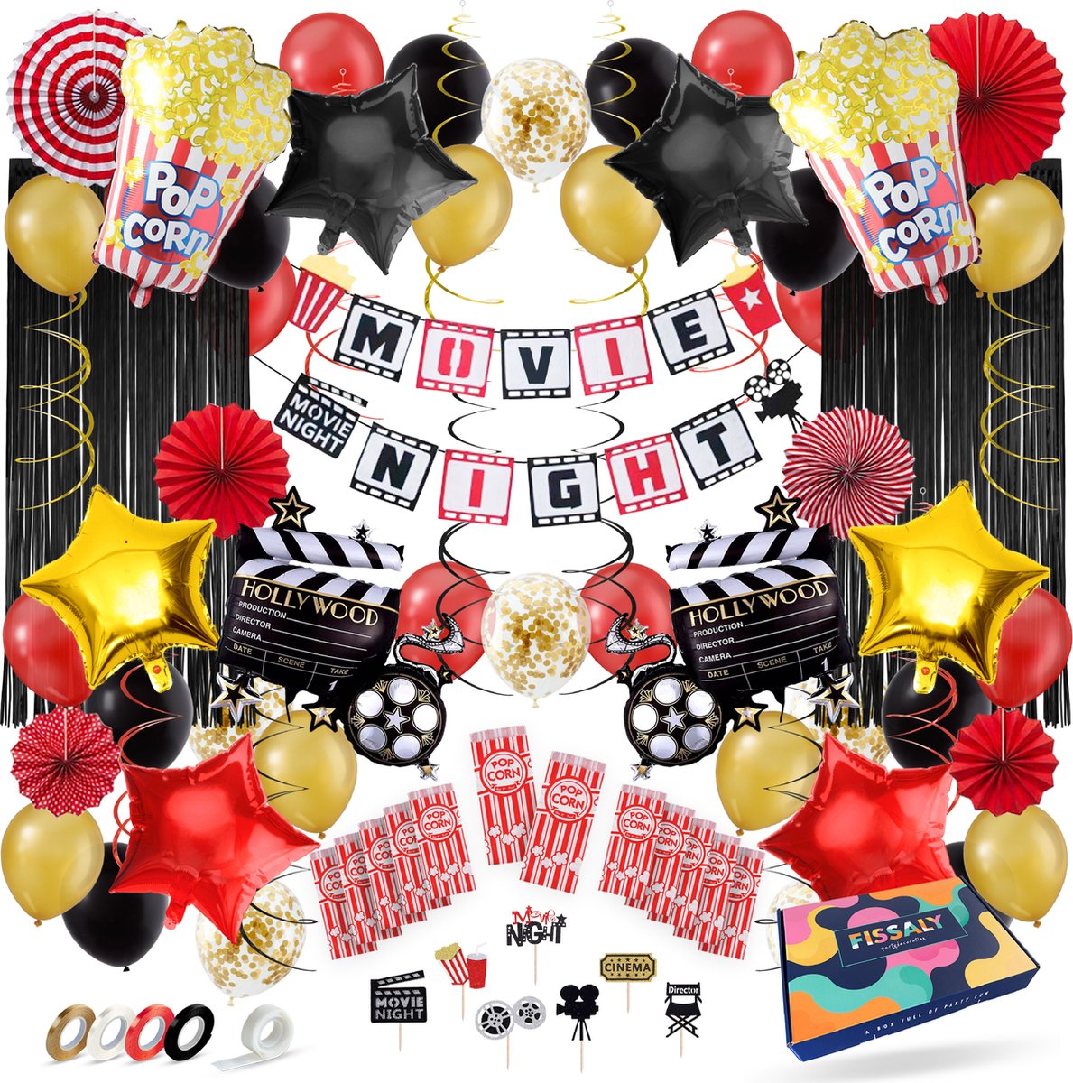 Fissaly 87 Stuks Filmavond & Bioscoop Feest Versiering – Popcorn & Movie Night Decoratie – Film Avond Themafeest - Ballonnen - Verjaardag Feestje