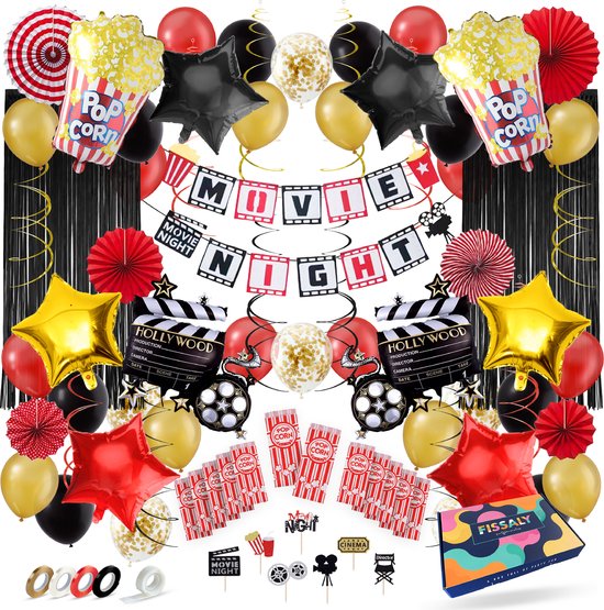 Fissaly 87 Stuks Filmavond & Bioscoop Feest Versiering – Popcorn & Movie Night Decoratie – Film Avond Themafeest - Ballonnen - Verjaardag Feestje