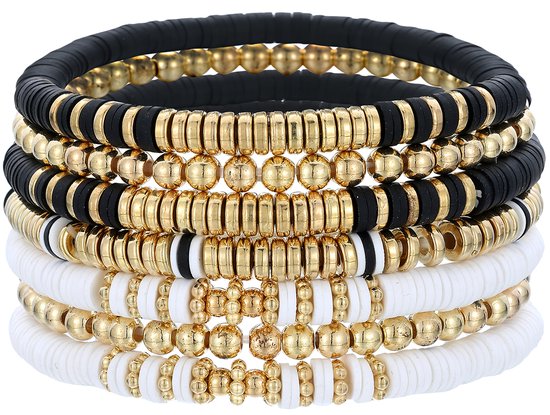 Malinsi Armband Dames Set 7 Stuks - Zwart Wit 18cm rekbaar - Sieraden Armbanden Vrouw