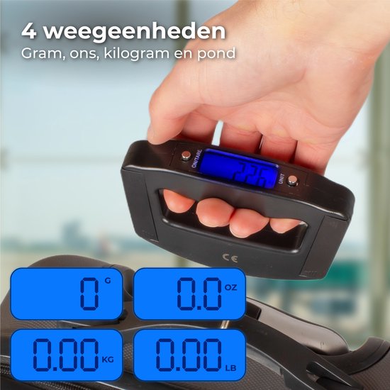 Zwarte kofferweegschaal met blauw LCD scherm dat 4 weegheden toont: gram, ons, kg, pond.