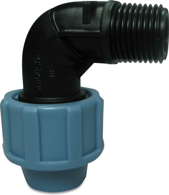 Unidelta Knie 90° PP 25 mm x 1" knel x buitendraad 16bar zwart/blauw DVGW/KIWA/WRAS
