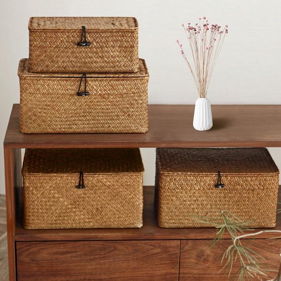 Rieten opbergmand van geweven rotan. Opbergdozen met deksels, zeegras wasmanden. Make-up organizer voor badkamer, woonkamer of keuken (XXL