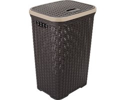 Hega Hogar Wasmand met deksel Rotan - donkerbruin - gevlochten kunststof - 60 liter - 34 x 43 x 62 cm