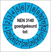 50 Keuringsstickers NEN 3140 Goedgekeurd tot: Rond 35 mm Strips van 5 stuks