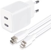 USB C Adapter - Snellader Geschikt voor iPhone en iPad - 2 Meter - Oplaadkabel - TPE Materiaal - GaN Oplader - Dubbele USB C Poorten - 45W Vermogen - Incl. Lightning Kabel - 2 Kabel PACK - Stekkerblok - Wit