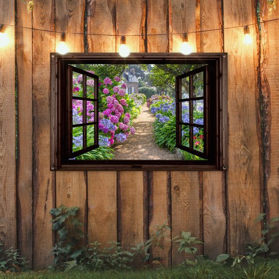 Tuinposter doorkijk bloemen - Donkerbruin raam - Tuindecoratie hortensia - 120x80 cm - Tuinschilderij voor buiten paars - Tuindoek - Wanddecoratie tuin - Schuttingdoek - Balkon decoratie - Muurdecoratie - Buitencanvas tuinversiering