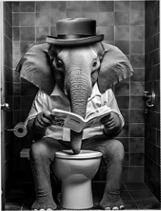 Allernieuwste.nl® Peinture sur toile Éléphant lisant un journal sur les toilettes – Humour drôle – Zwart Wit 30 x 40 cm