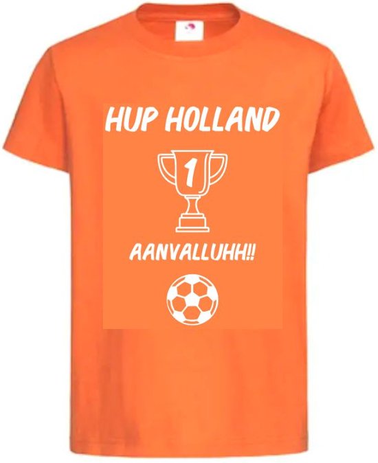 T-shirt Kinderen "Hup Holland AANVALLUHH!!" EK Voetbal Europees Kampioen Kampioenschap Oranje | korte mouw | Oranje/wit | maat 110/116