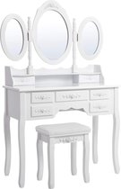 Kaptafel-Make-uptafel met 3 Spiegels en Kruk - 7 Laden incl. 2 Onderverdelers - Kantelbeveiliging - Luxueus - 145 x 90 x 40 cm - Wit