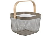 Metalen draadmand/fruitschaal - Vierkant - Taupe - 26 x 26 x 18 cm - Houten handvat