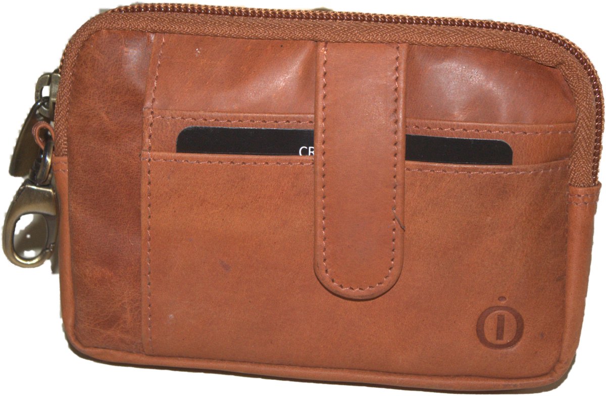 Oi geel-oranjekleurig vintage leren etui en pasjeshouder / ruim sleutelbeursje met ruimte voor contanten / reis portemonneetje met rits / flinke reisetui met bevestigingshaakje / cognackleurig leer / 515Orange NR