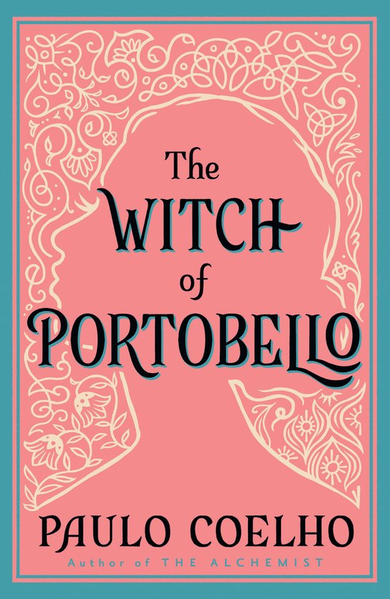 Boekomslag van 'The Witch of Portobello' in perzik met een gestileerde profielschets en bloemenranken. Titel in zwarte letters.