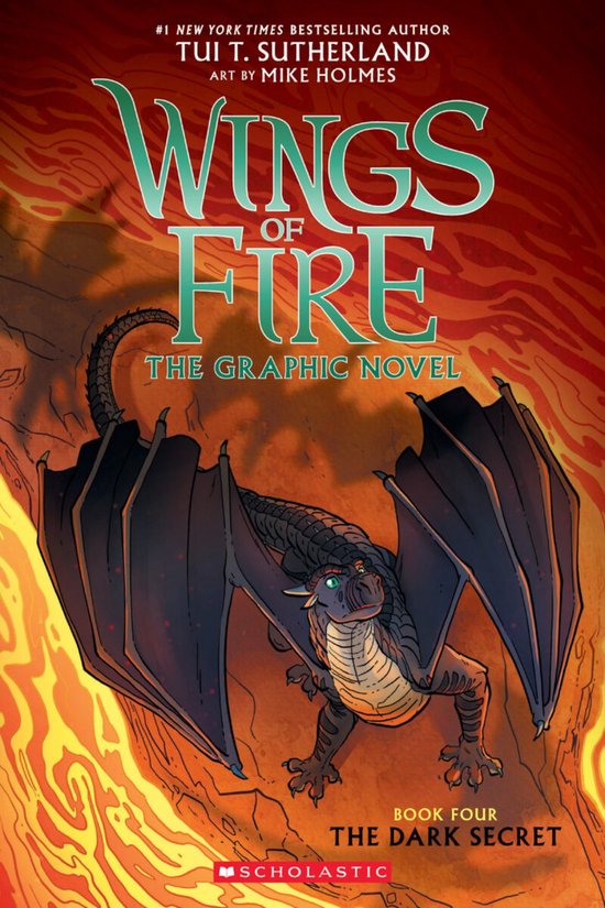 Couverture de livre : "Wings of Fire, The Graphic Novel, Book Four, The Dark Secret" avec un dragon gris foncé au premier plan, entouré de flammes.