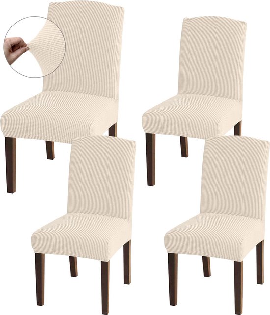 Hoge stretch stoelhoezen, universele pasvorm, jacquard eetkamerstoelen, afneembare stoelbeschermers voor eetkamer, keuken, restaurant en hotel (set van 4, beige)