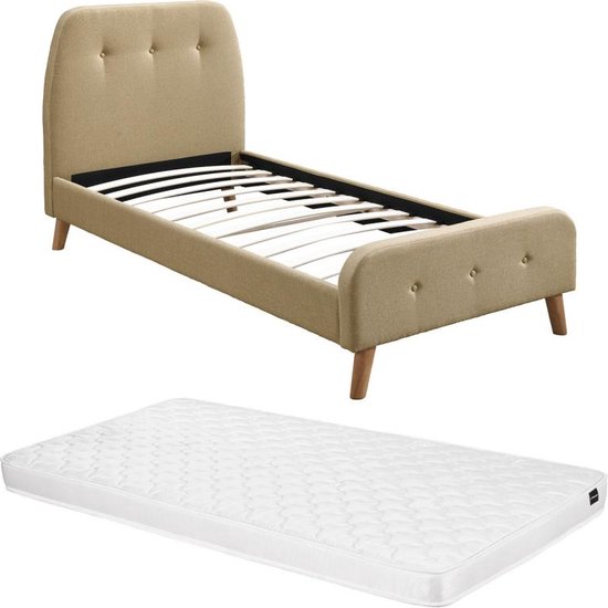 Bed 90 x 190 cm met gecapitonneerd hoofdbord - Stof - Beige + matras - ROMEO L 204.5 cm x H 106 cm x D 96 cm