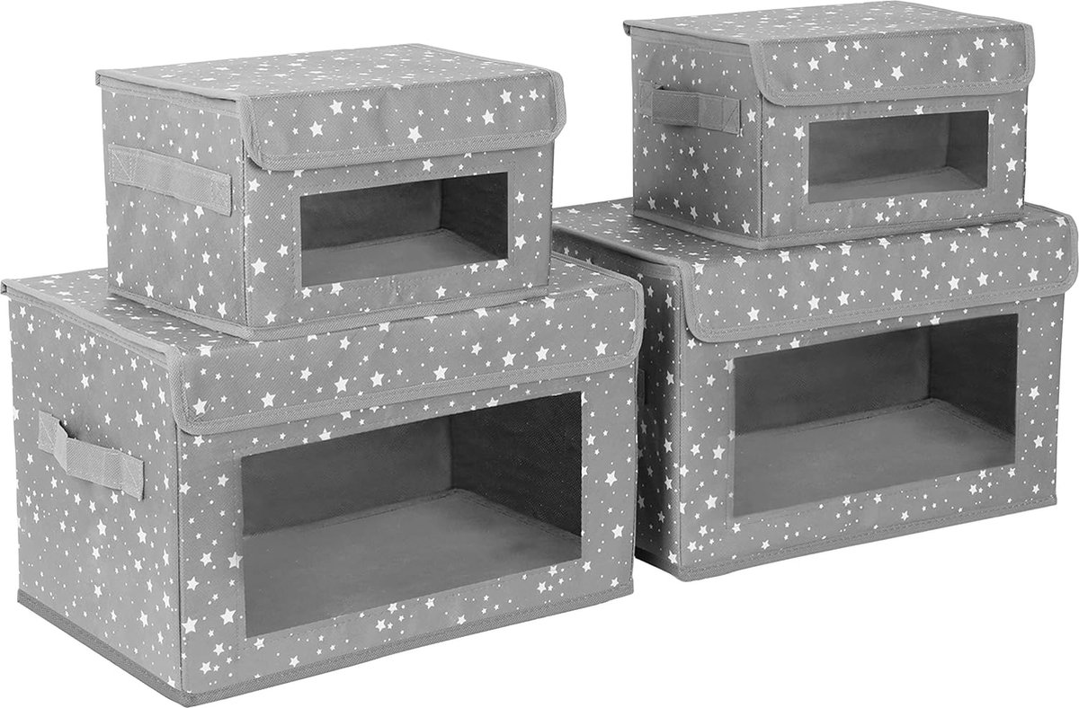 Opbergdoos stof met deksel (4 stuks) opvouwbare opbergbox voor kinderen speelgoedkist met deksel handgrepen en ramen opbergsysteem kledingkast kinderkamer en kantoor 2 maten