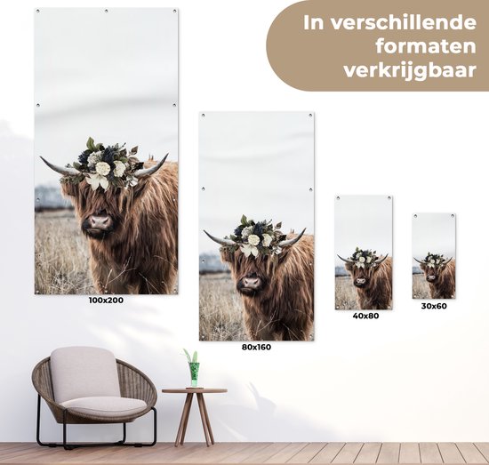Affiche de jardin Highlander écossais - Fleurs - Animaux - 40x80 cm