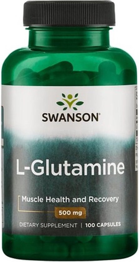 Groene fles Swanson L-Glutamine capsules 500 mg, 100 stuks.