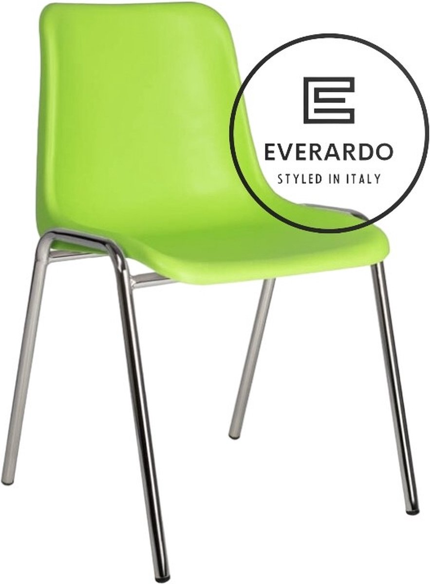 King of Chairs model KoC Everardo lime met verchroomd onderstel. Kantinestoel stapelstoel kuipstoel vergaderstoel tuinstoel kantine stoel stapel kantinestoelen stapelstoelen kuipstoelen stapelbare keukenstoel Helene eetkamerstoel Limegroene zitting met verchroomd onderstel