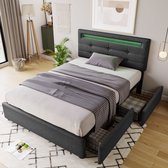 Sweiko Gestoffeerd bed met LED verlichting en 2-laden, 90x200cm Eenpersoonsbed, Verstelbaar hoofdeinde, Houten voet,Donkergrijs