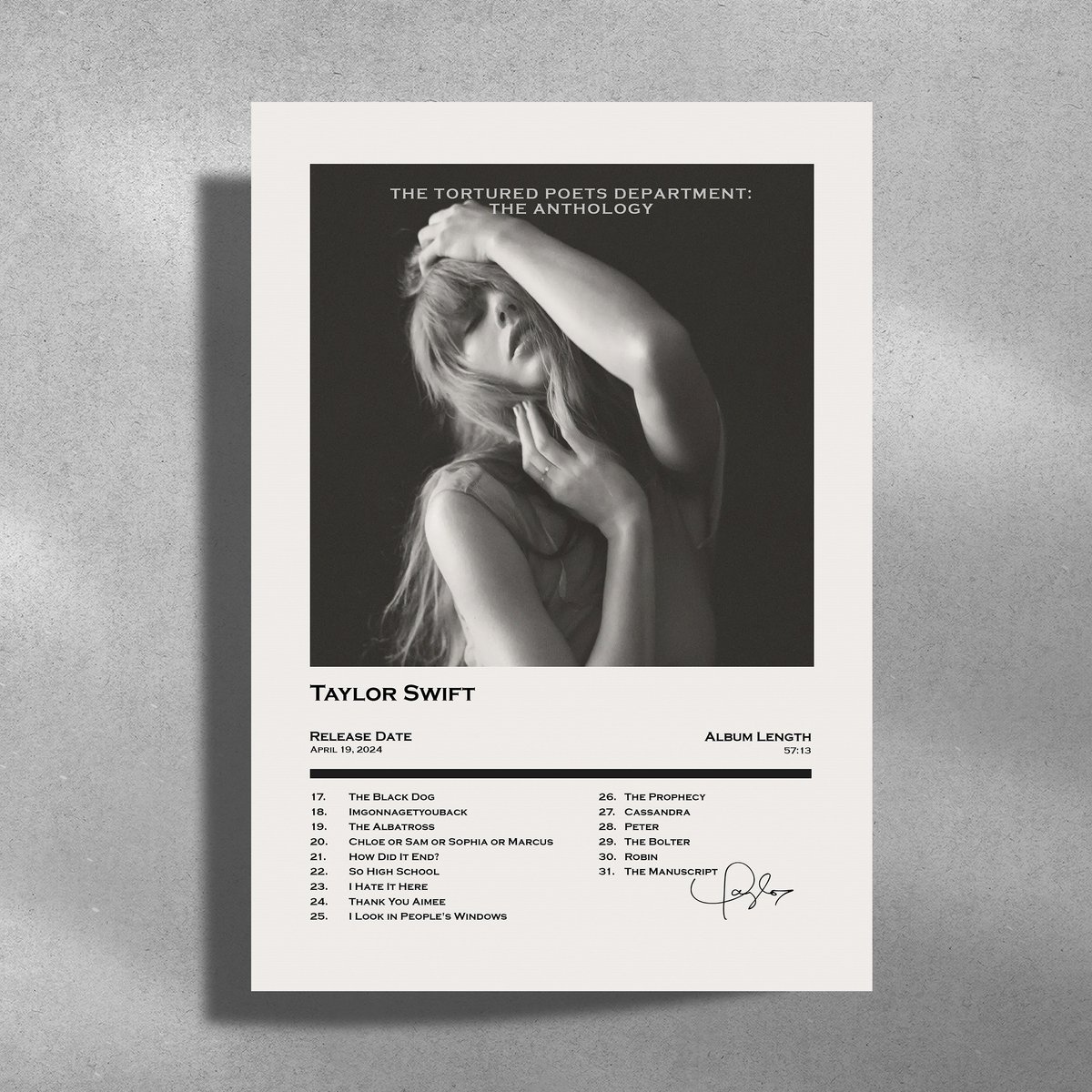 Luxe poster Taylor Swift - The Tortured Poets Department: The Anthology - Metalen Poster 30x40cm - album cover Zwart