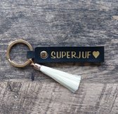Sleutelhanger - Leer - SUPERJUF - Juf - Einde schooljaar - Cadeautje - Verjaardag - Keychain - Zwart