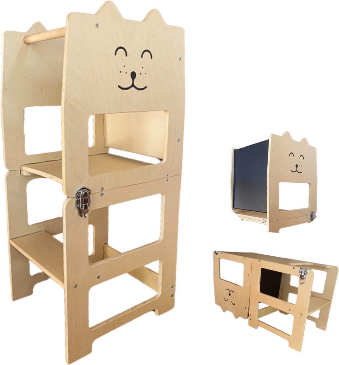 Goldcave Houten Leertoren - Keukentoren Montessori - Opvouwbaar tot Kindertafel - Learning Tower - 100% FSC® Gecertificeerd Hout - Keukenhulp Peuters & Kleuters - Krijtbord