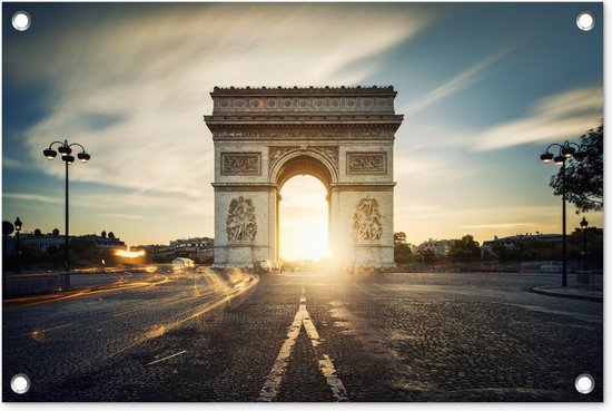 Tuindecoratie Parijs - Arc de Triomphe - Zon - 60x40 cm - Tuinposter - Tuindoek - Buitenposter