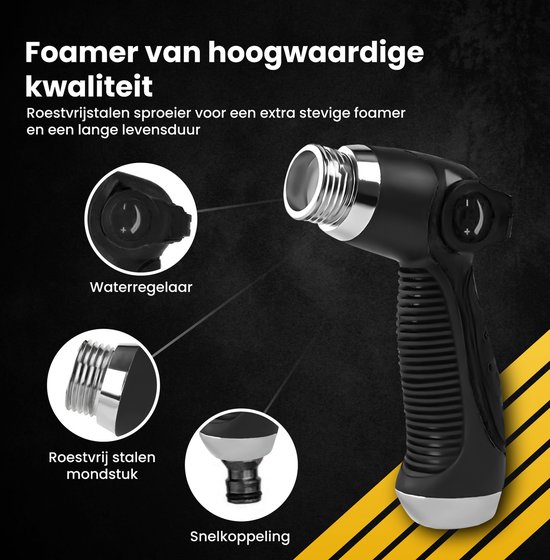 Zwarte schuimspuit met details van waterregelaar, roestvrij stalen mondstuk en snelkoppeling.