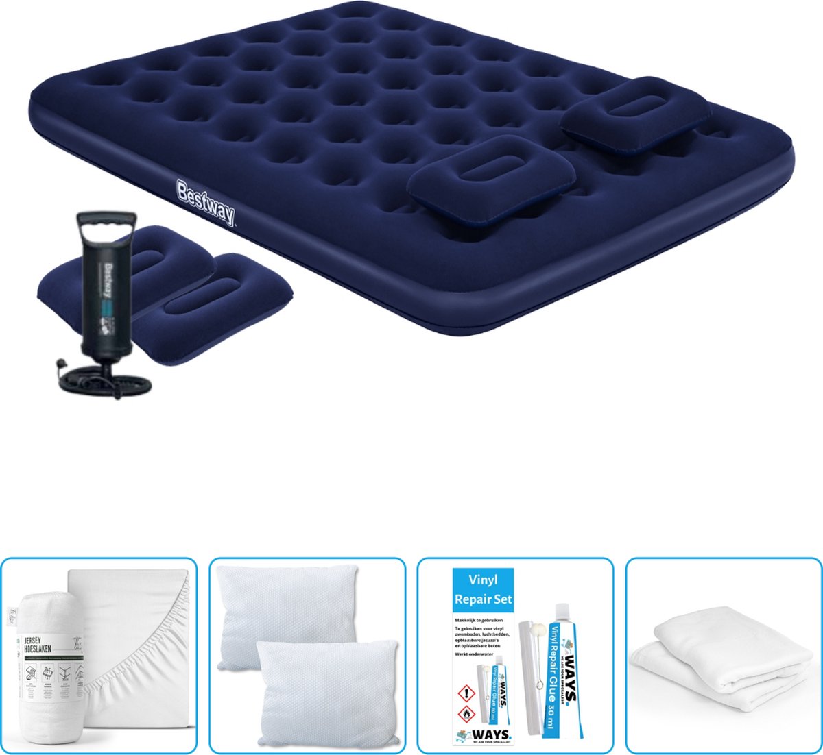 Bestway luchtbed - 2-Persoons - 152 x 203 x 22 cm - Blauw - Inclusief handpomp - kussens - Hoeslaken - Kussen - Kussenbeschermer en Reparatieset