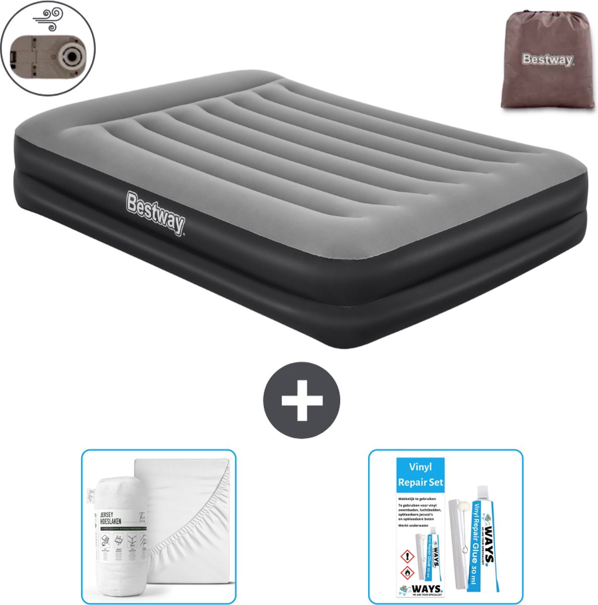 Bestway luchtbed - 2-Persoons - 152 x 203 x 46 cm - Grijs - Inclusief pomp - Hoeslaken en Reparatieset