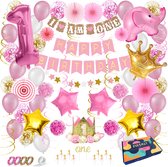 Fissaly Baby 1 Jaar Verjaardag Versiering Meisje XXL – Happy Birthday Kind Decoratie Incl. Ballonnen – Roze