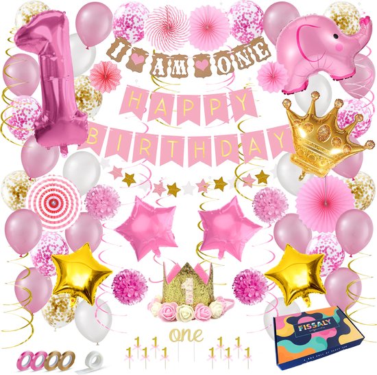 Ensemble de fête avec décoration rose et dorée : ballon chiffre 1, couronne, éléphant, ballons, bannières "I AM ONE HAPPY BIRTHDAY".