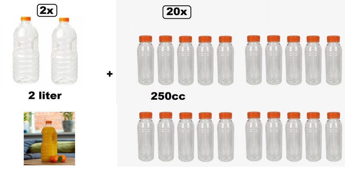 22x Flesje helder mix 2000cc en 250cc met oranje dop - drink fles vruchten sap limonade drank