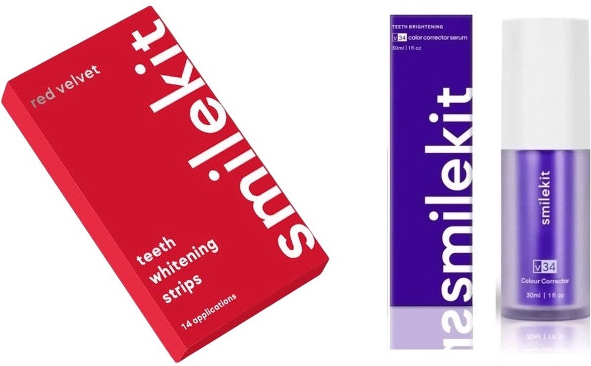 Goedkoopste SmileKit - Tandenbleekset - Red Velvet Whitening Strips & V34 Colour Corrector Serum - Tandenblekers Zonder Peroxide - 100 Peroxide Vrij - PAP - Tandenbleekstrips - Paarse tandpasta -Whitestrips - Hismile