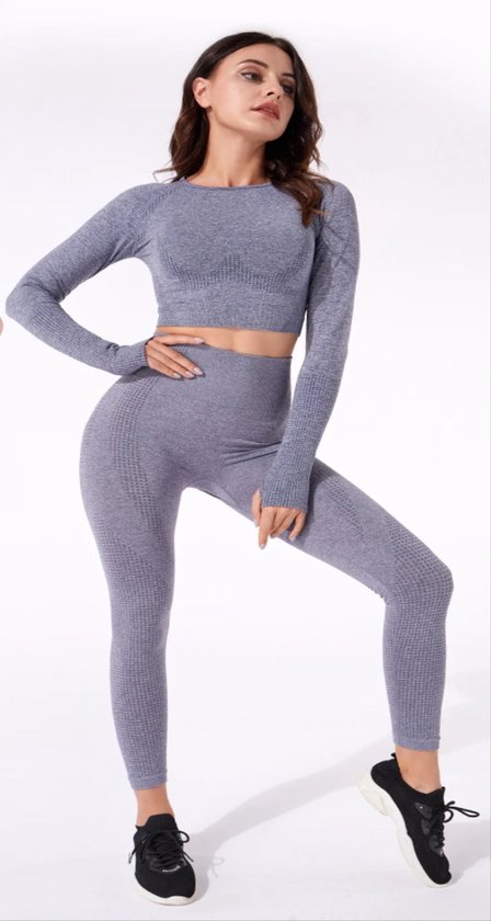 CHPN - Tenue de sport - Leggings et haut - Leggings taille haute - Crop top à manches longues - Sans couture - Grijs - Taille M - Medium - Tenue de sport - Sports - Mode sportive