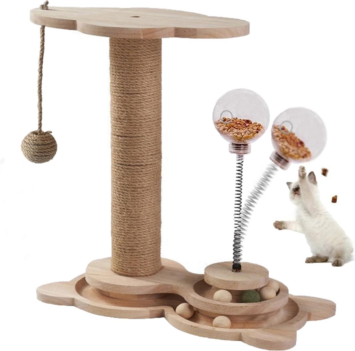 Krabpaal met Voeruitloop en Speelbal – Leerzame Krabpaal voor Katten en Kittens 46.5cm hoog (Bruin)