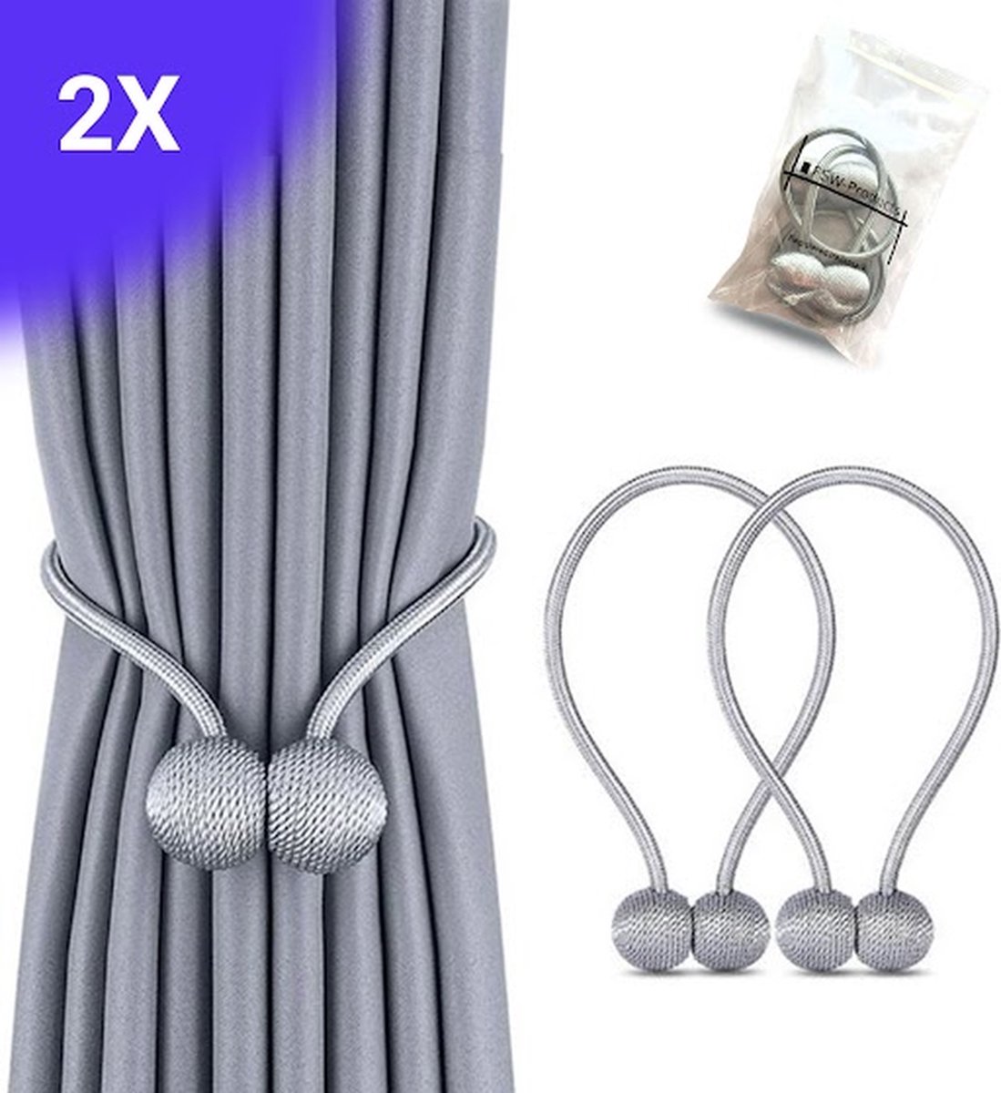 FSW-Products Luxe Gordijn Embrasse Zilver - 2 Stuks - Magnetisch Gordijnhouders - Embrasses voor Gordijnen - Gordijnbinder - 40 cm