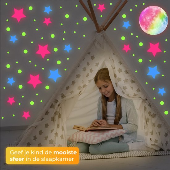 Nuvance - Glow in the Dark Sterren en Maan - 444x - Muurstickers Slaapkamer en Kinderkamer - Stickers - Sterrenhemel - Multicolor