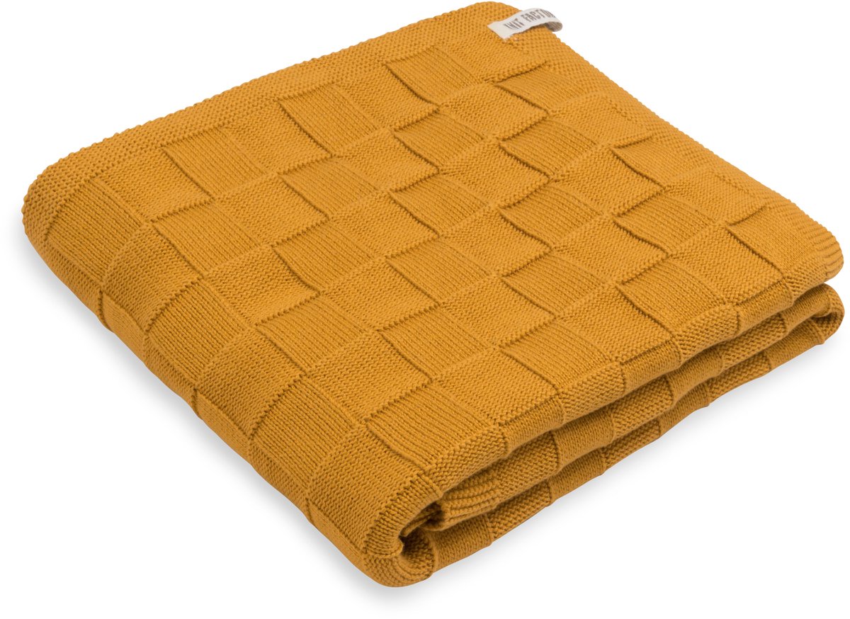Knit Factory Gebreide Badhanddoek Ivy - Handdoek - Strandhanddoek - Oker - Geel - 70x140 cm - Katoen