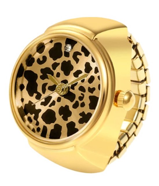 Ring horloge rekbaar goudkleurig leopard - 2 cm dial - one size I-deLuxe